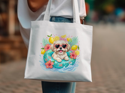White tote bag with a cartoon dog wearing heart-shaped sunglasses in a float.