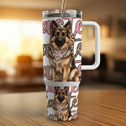 German Shepherd wearing bandana on white tumbler with leopard print text.