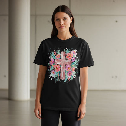 Black t-shirt with a watercolor cross and floral design.