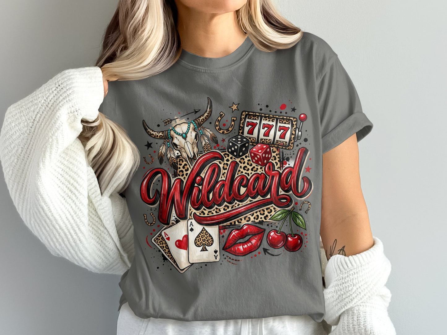 Wildcard graphic with casino imagery including dice, cherries, and playing cards.