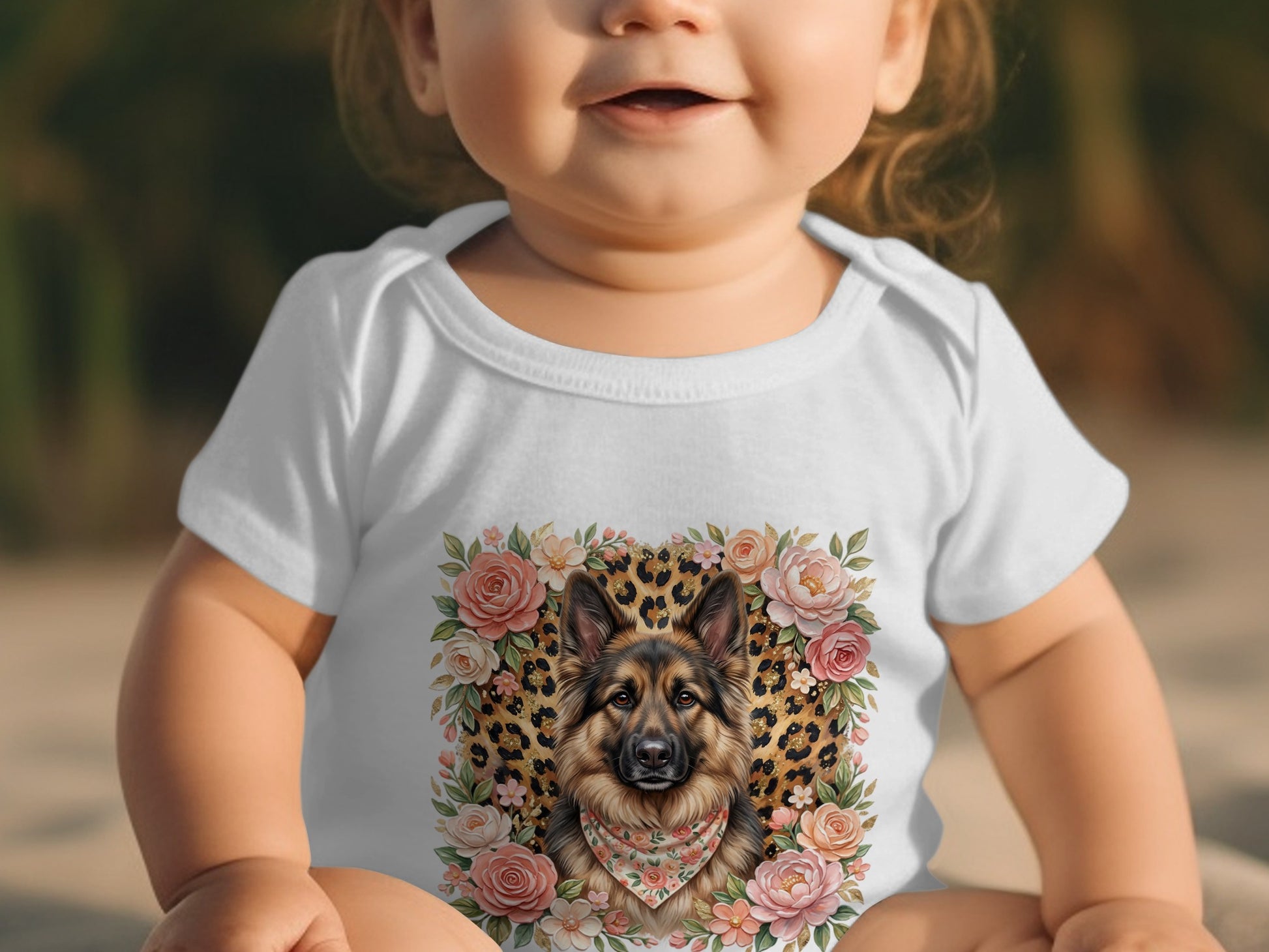 Baby wearing a white onesie with a German Shepherd and floral design.
