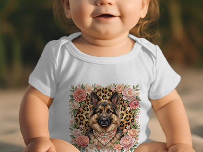 Baby wearing a white onesie with a German Shepherd and floral design.