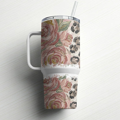 Pink floral and leopard print tumbler with glitter accents and straw.