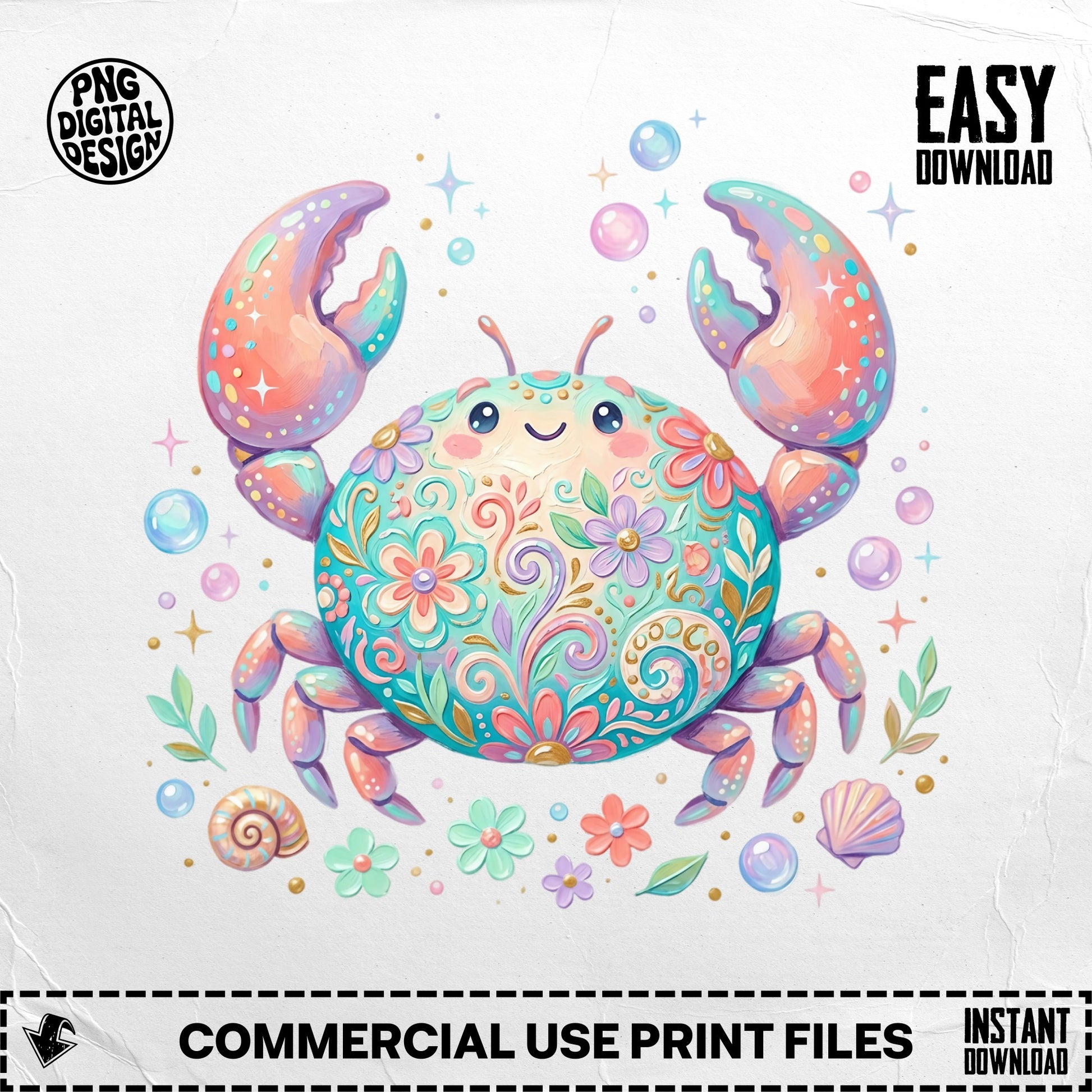 Decorated crab with floral and pearl accents, surrounded by stars and bubbles.