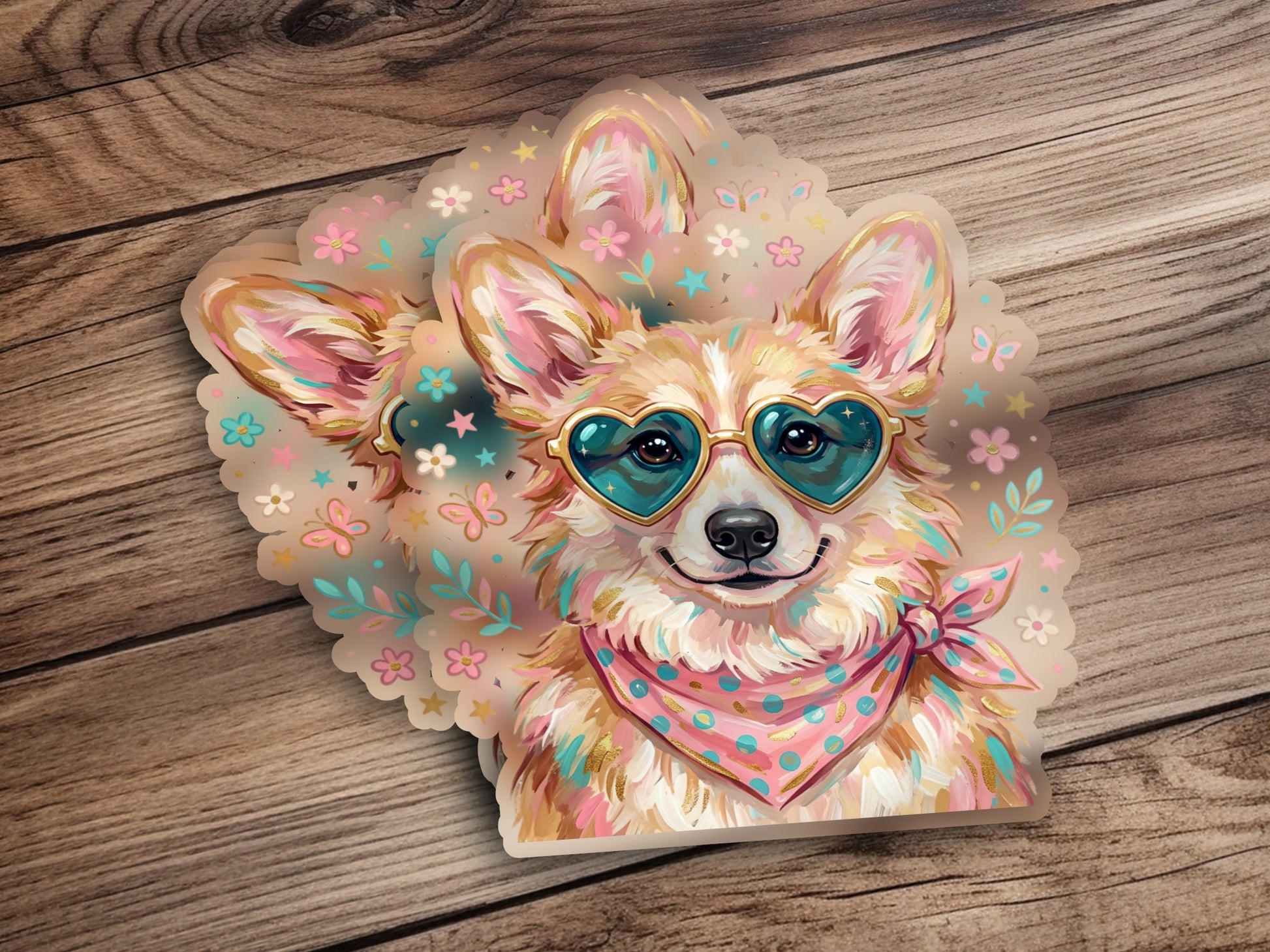 Corgi wearing heart sunglasses and bandana, surrounded by flowers.