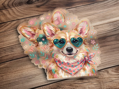 Corgi wearing heart sunglasses and bandana, surrounded by flowers.
