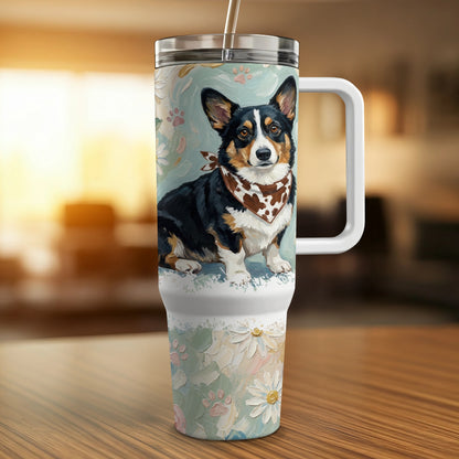 Corgi wearing a bandana on a tumbler with floral design.