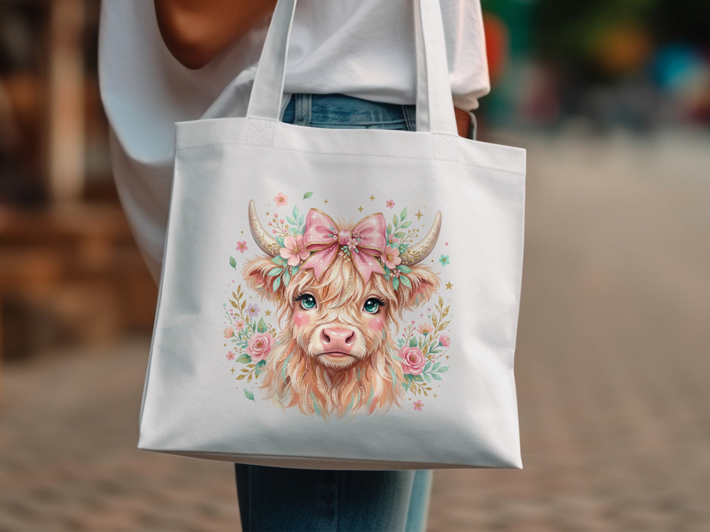 White tote bag with a Highland cow graphic and floral accents.