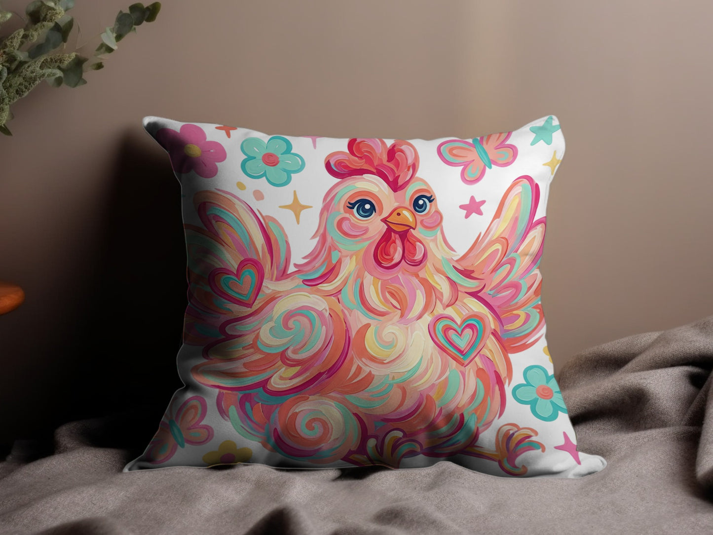 Colorful abstract chicken with hearts and flowers on a decorative pillow.