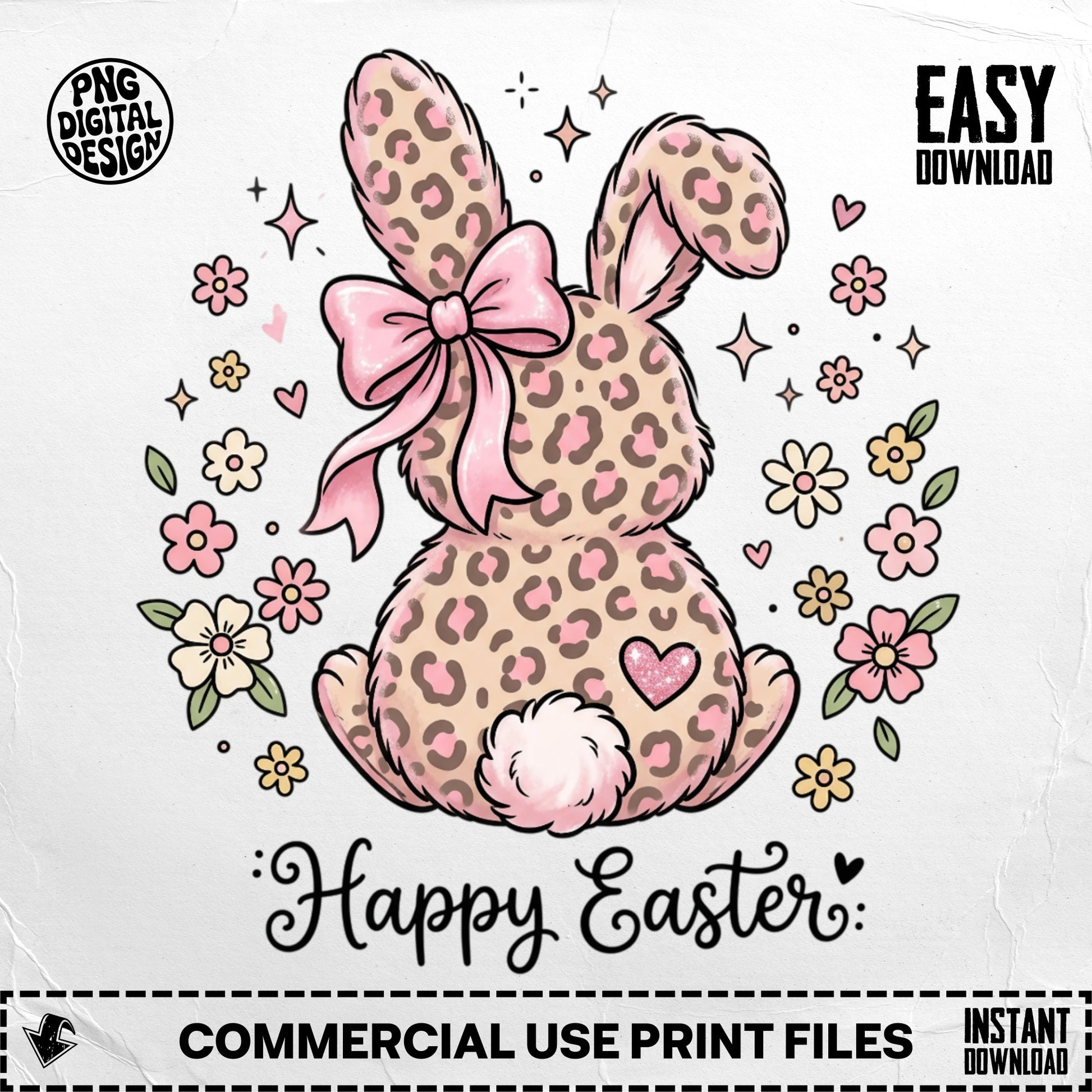 Leopard print Easter bunny with bow, "Happy Easter" text.