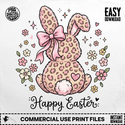 Leopard print Easter bunny with bow, "Happy Easter" text.