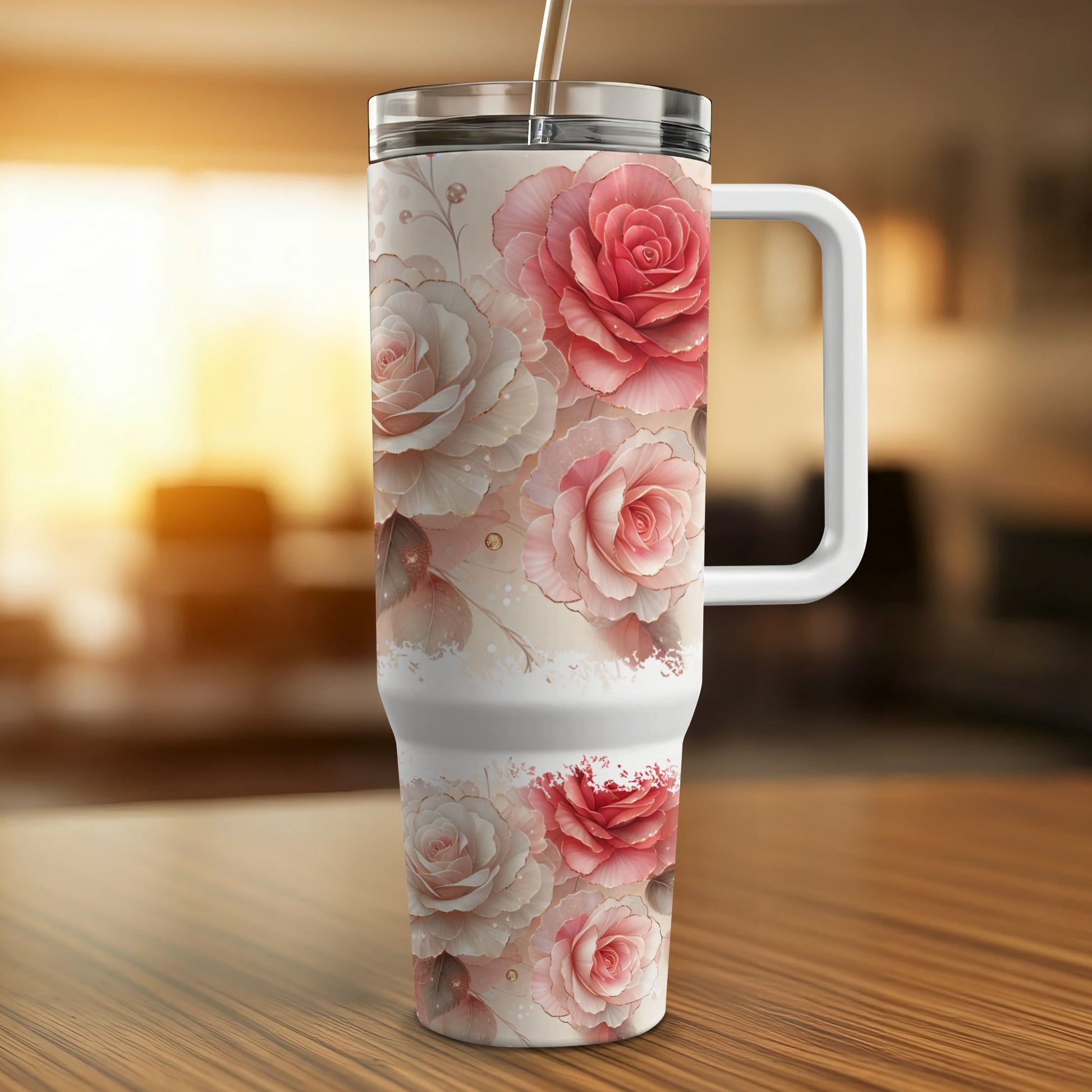 White tumbler with pink and cream roses and a textured handle.