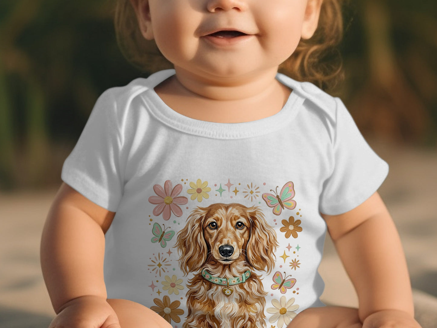 Baby wearing a white bodysuit with a dachshund and floral design.