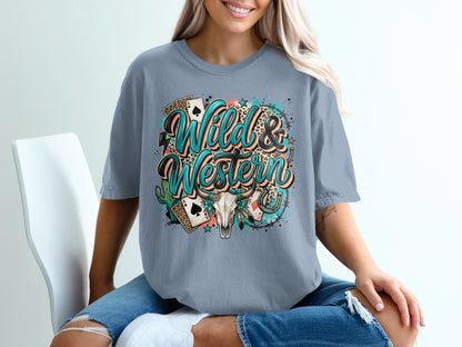 T-shirt with "Wild & Western" text, playing cards, skull, and cactus graphics.