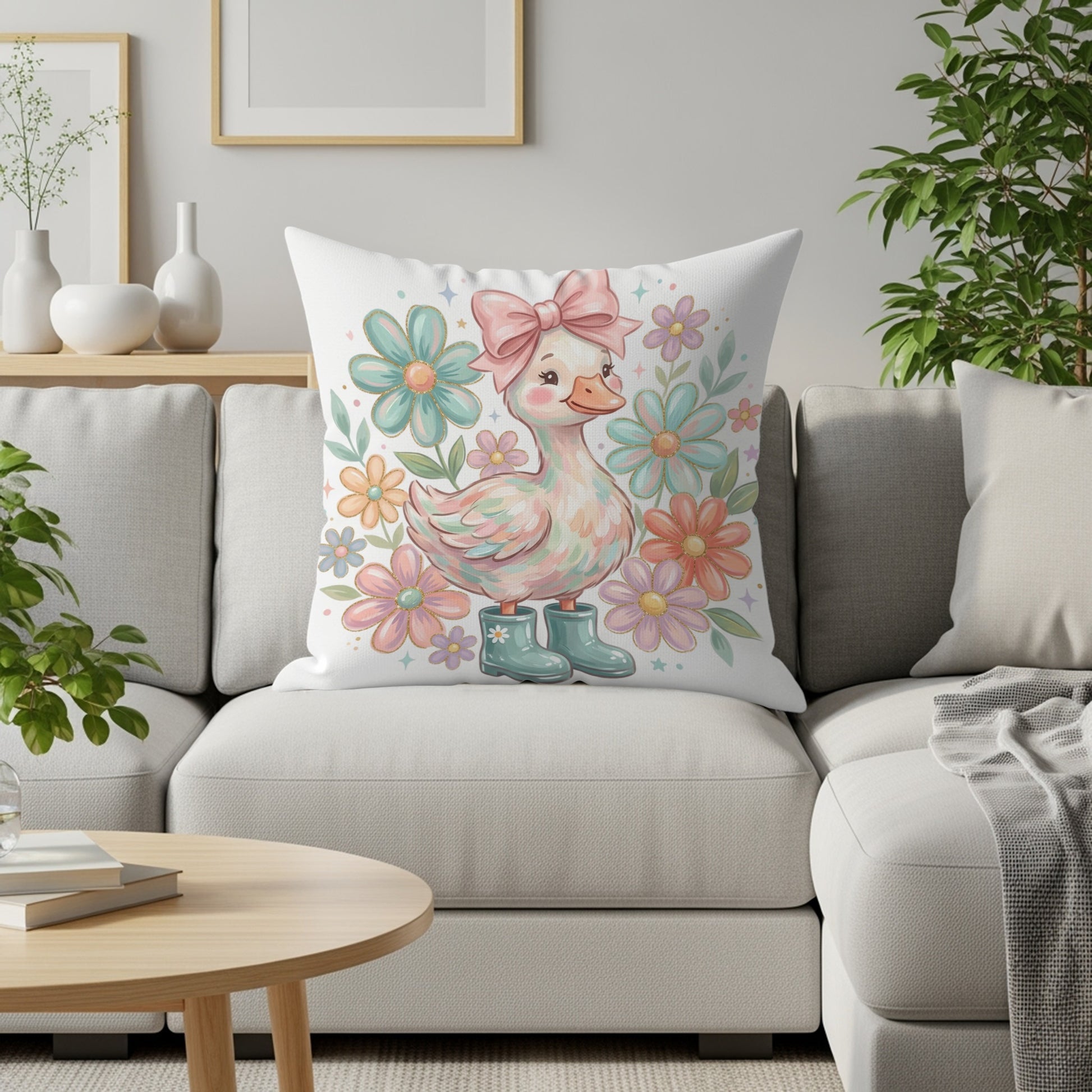 Cartoon duck with pink bow and blue boots surrounded by flowers on a pillow.