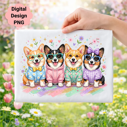 Four corgis in colorful outfits with heart-shaped glasses and bowties.