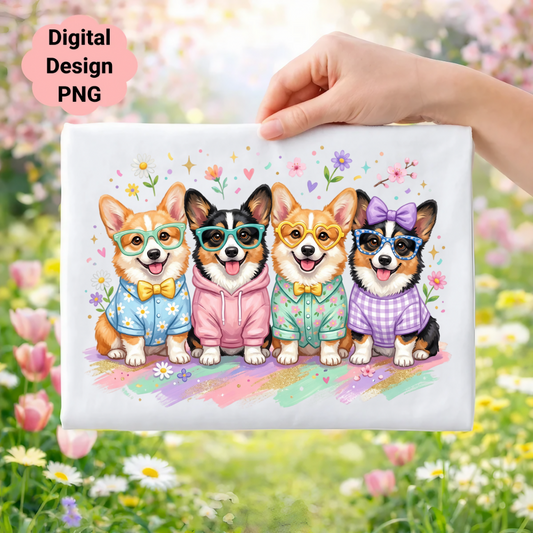 Four corgis in colorful outfits with heart-shaped glasses and bowties.