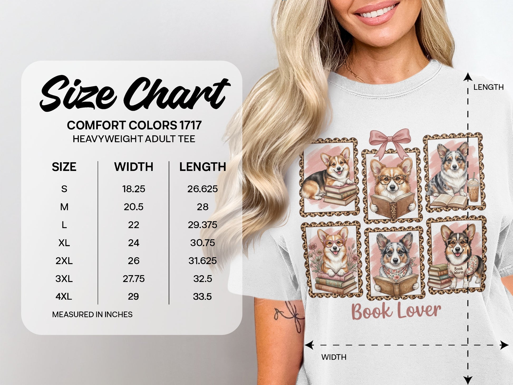 Comfort Colors 1717 heavy t-shirt size chart with corgi illustrations.