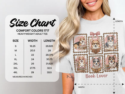 Comfort Colors 1717 heavy t-shirt size chart with corgi illustrations.