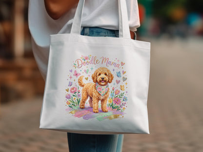 White tote bag with a watercolor doodle dog wearing a bandana, surrounded by flowers.