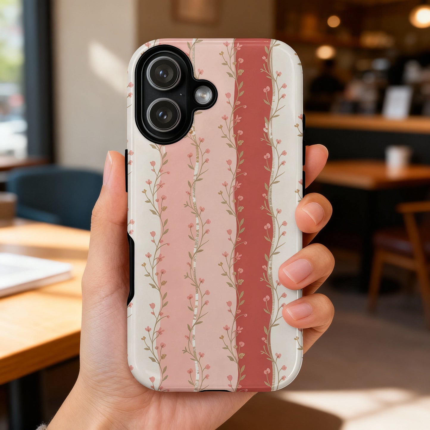 Phone case with vertical pink floral stripes, held in hand.