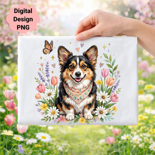 Corgi with bandana surrounded by flowers and butterfly.