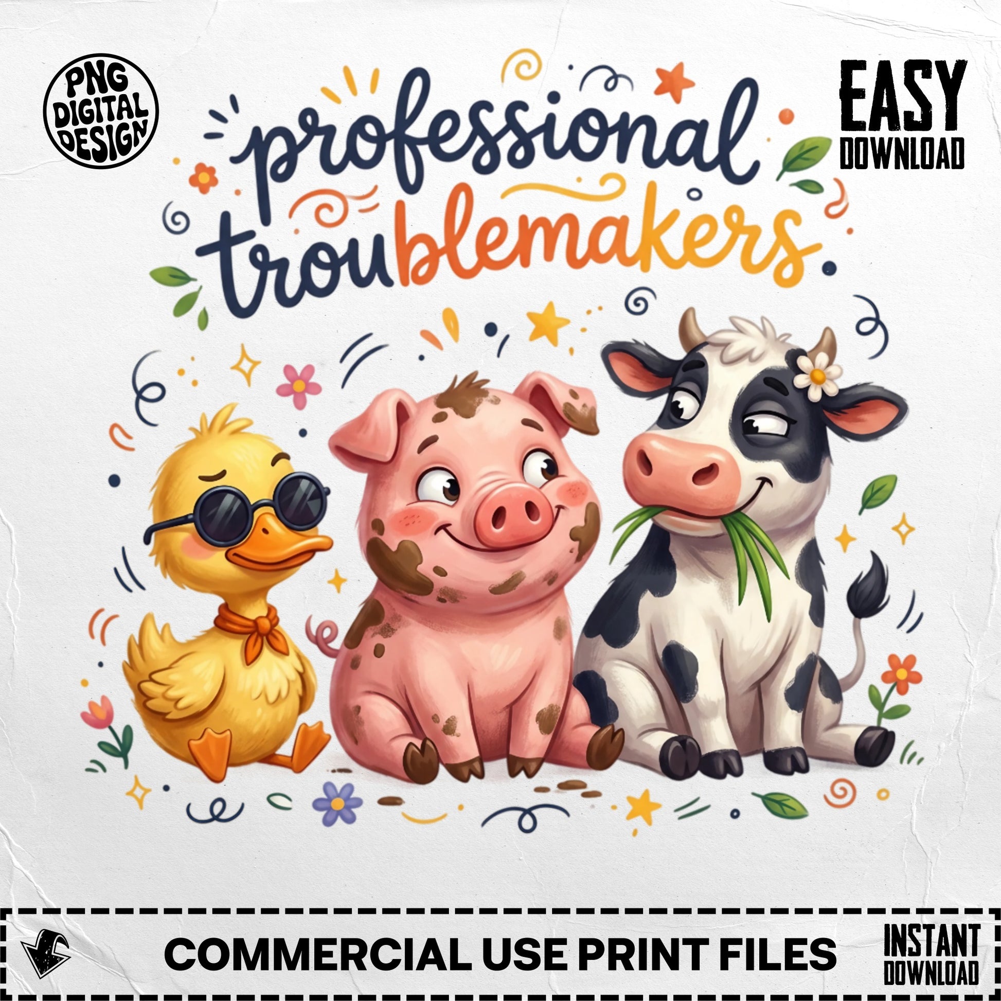 Cute duck, pig, and cow illustration with "Professional Troublemakers" text.
