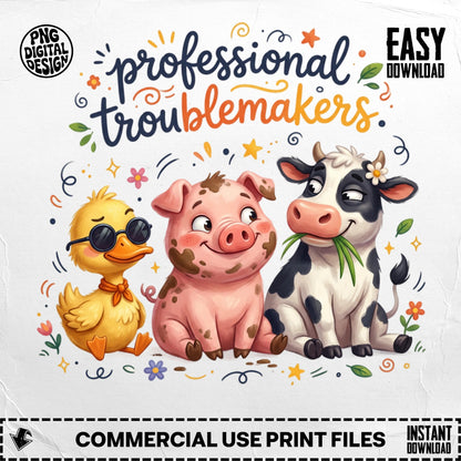 Cute duck, pig, and cow illustration with "Professional Troublemakers" text.
