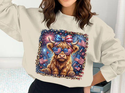 Highland cow wearing American flag bandana and heart sunglasses, with fireworks.