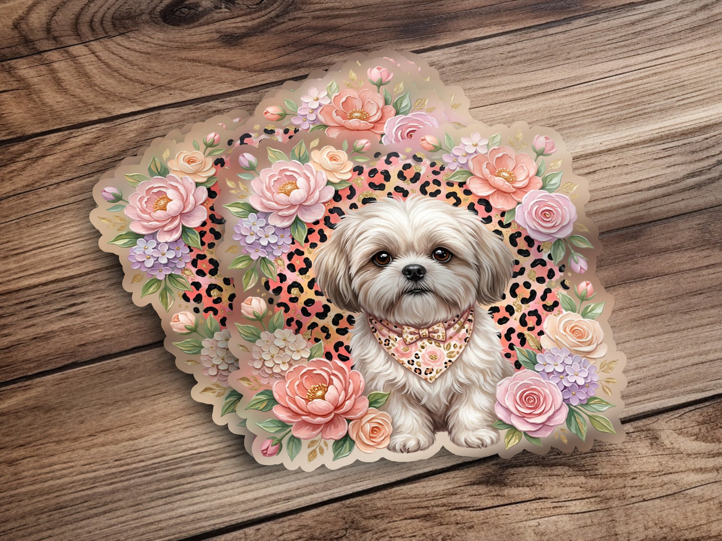 Shih Tzu dog wearing bandana surrounded by floral accents and leopard print.
