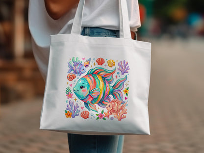 White tote bag with colorful cartoon fish and coral illustration.