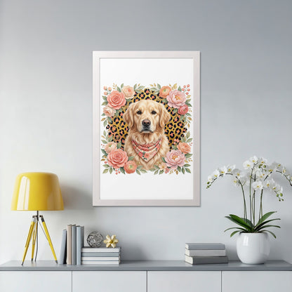 Golden retriever portrait framed with leopard print and floral wreath.