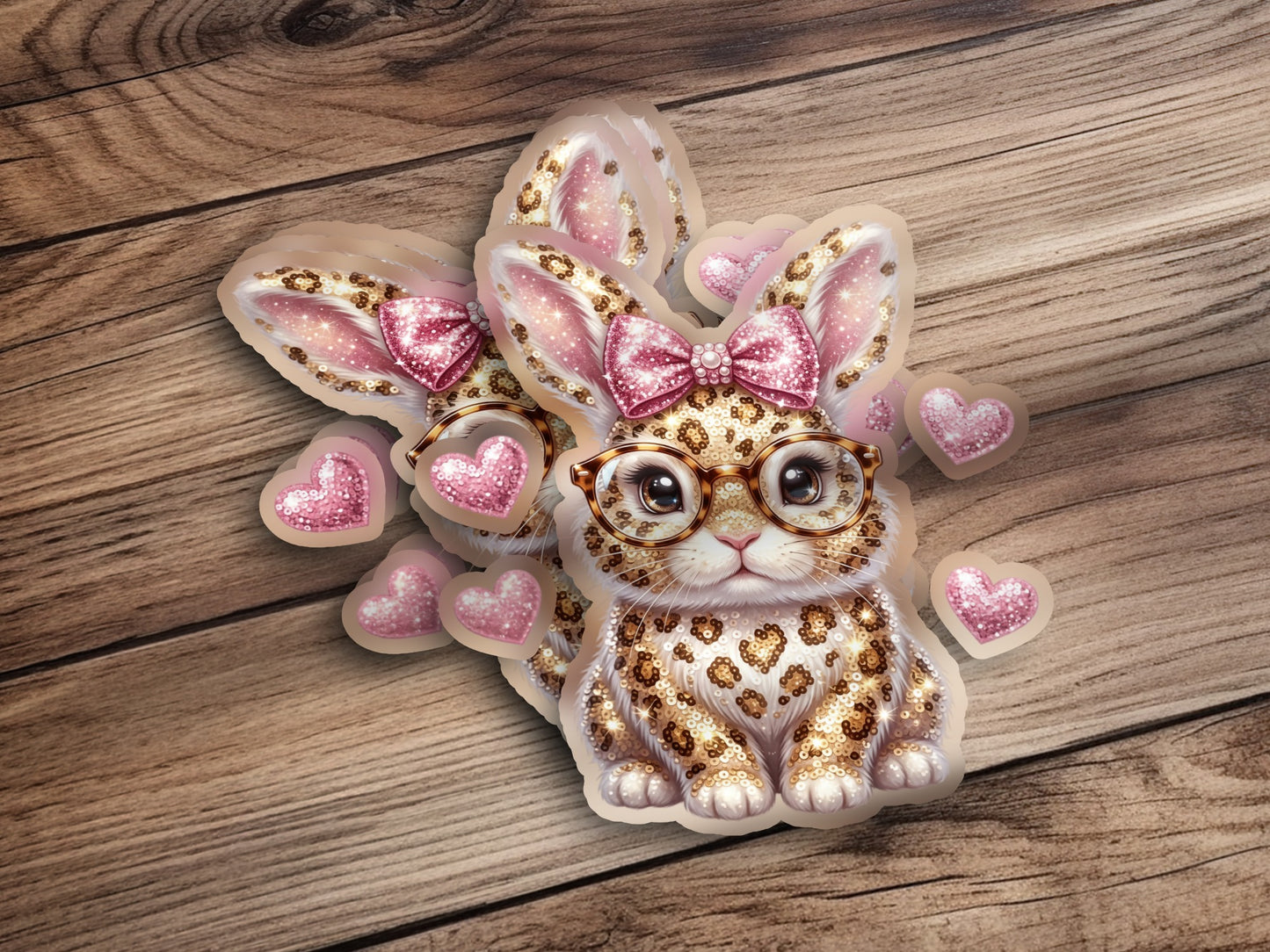 Leopard print bunny sticker with pink bow and glasses.