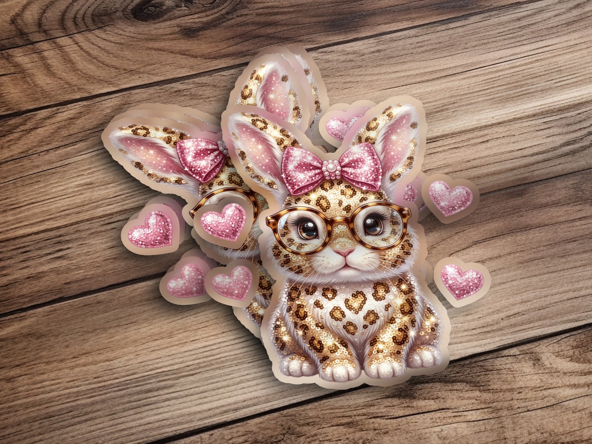 Leopard print bunny sticker with pink bow and glasses.