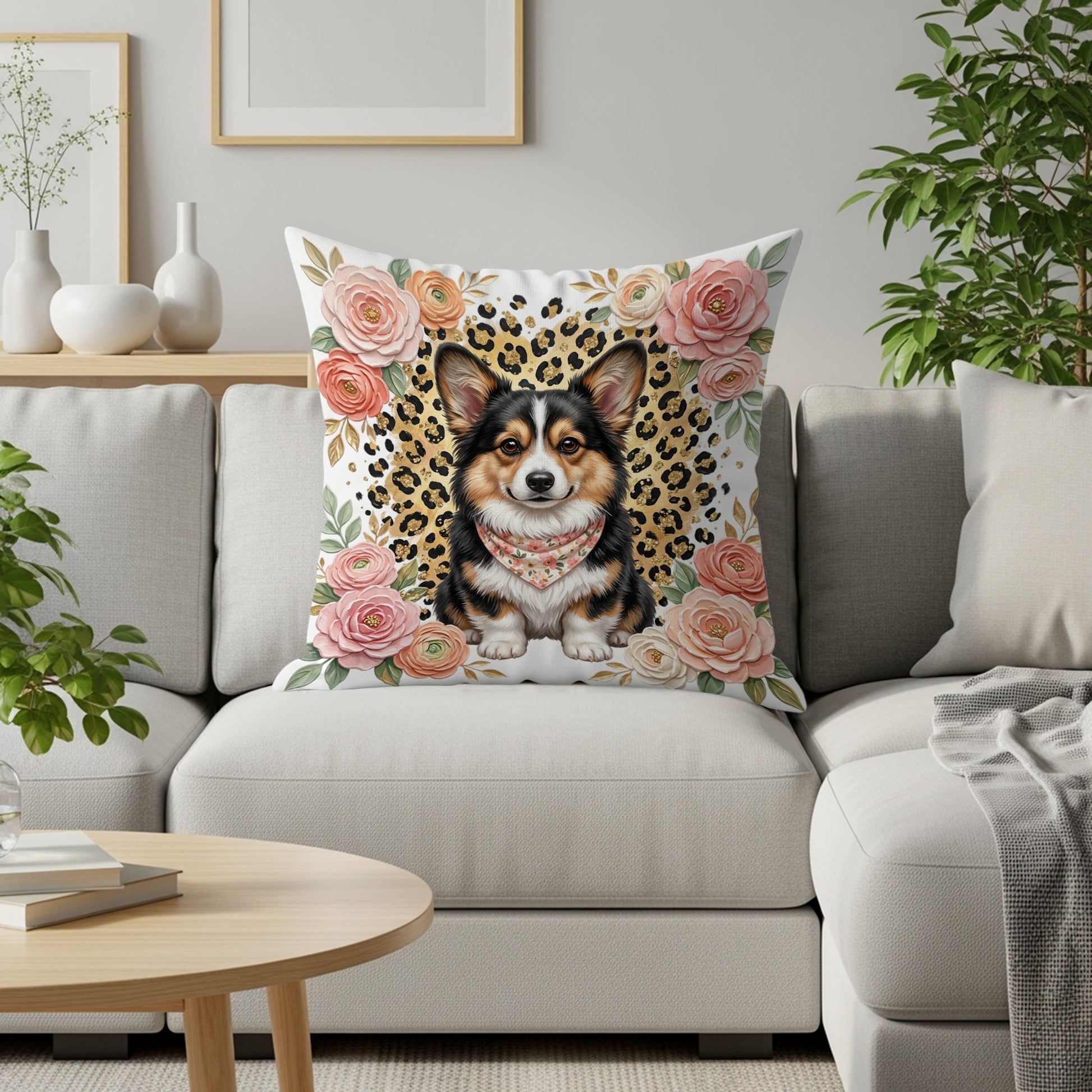 Pembroke Welsh Corgi wearing bandana on leopard print pillow.