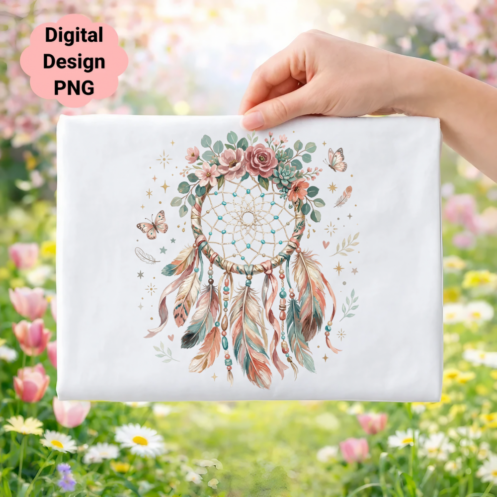 Dreamcatcher with feathers, flowers, and butterflies on a white background.