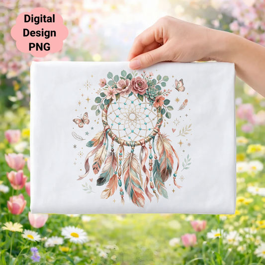 Dreamcatcher with feathers, flowers, and butterflies on a white background.