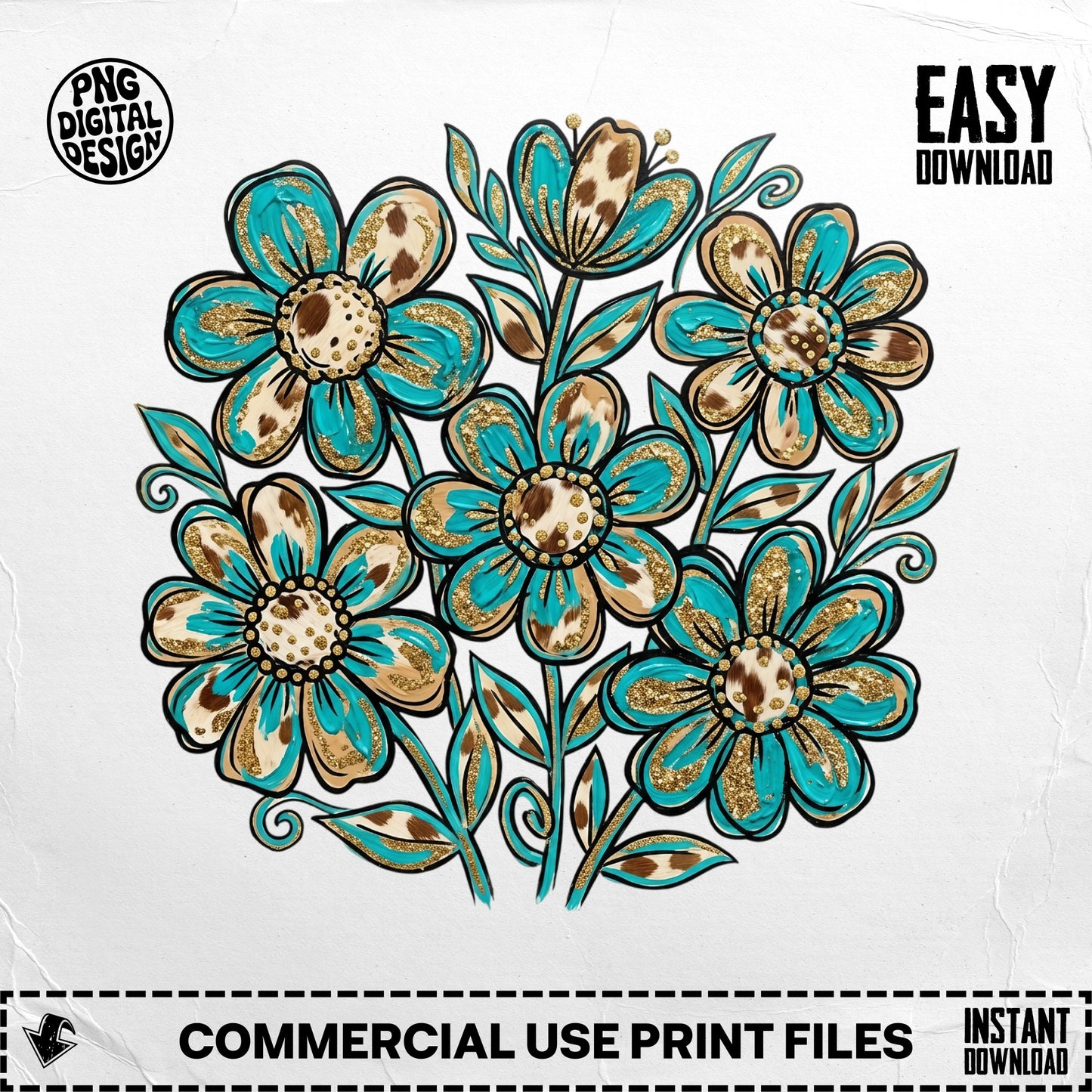 Teal and gold floral design with leopard print centers and "Easy Download" text.