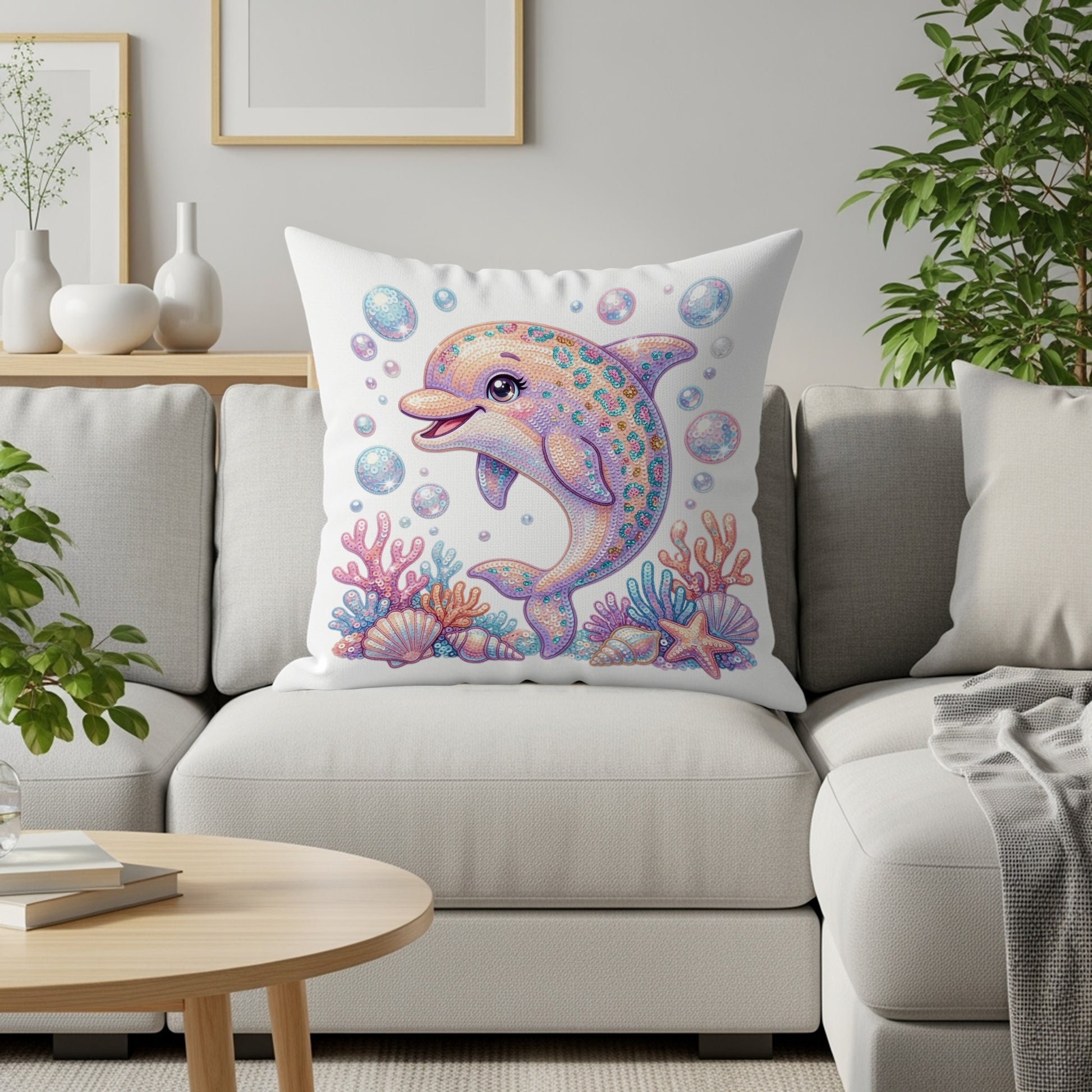 Colorful dolphin with bubbles, coral, and starfish on a decorative throw pillow.