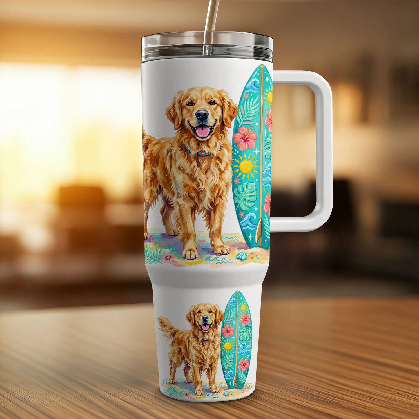 Golden retriever with surfboards on a beach design on a white travel tumbler.