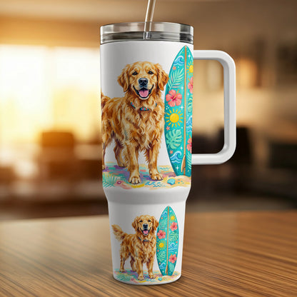 Golden retriever with surfboards on a beach design on a white travel tumbler.
