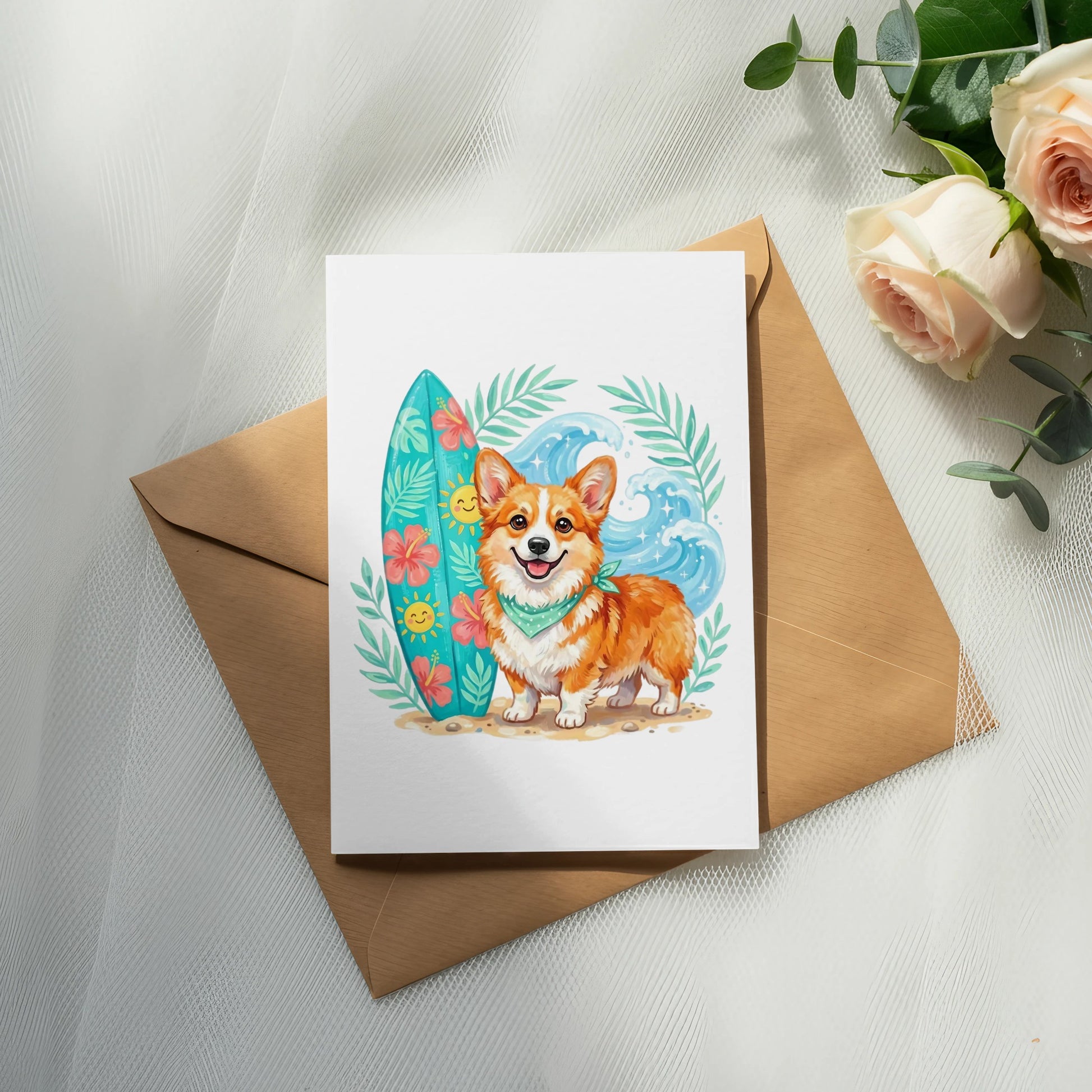 Corgi wearing a bandana stands next to a surfboard with a tropical wave.