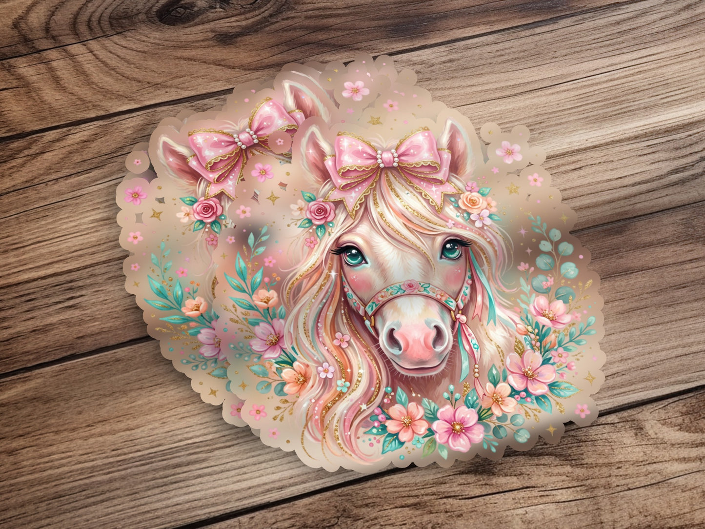 Pink pony adorned with bows and flowers, with a light sparkle effect.