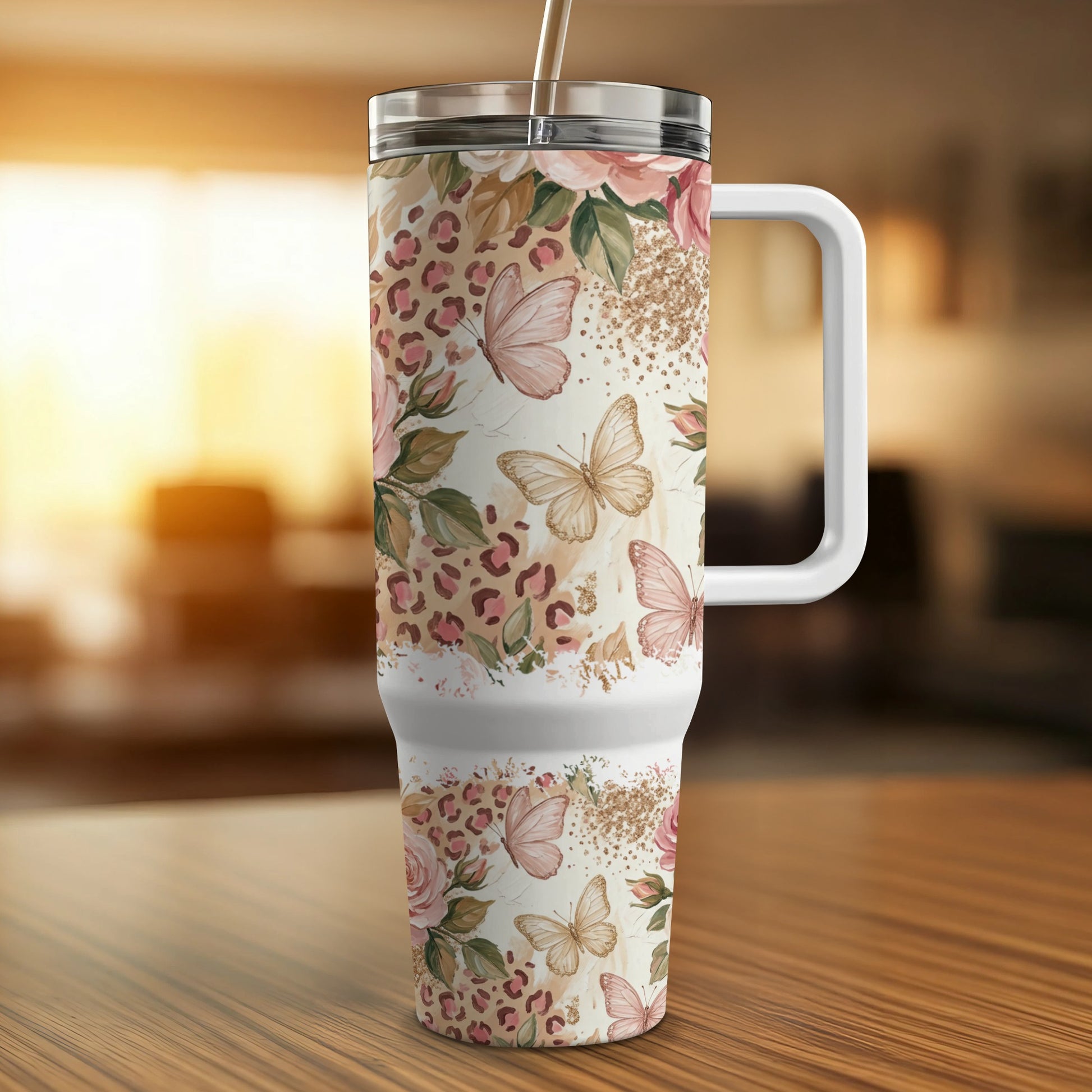 30oz travel tumbler with floral butterfly and leopard print pattern.