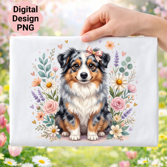 Adorable Australian Shepherd dog surrounded by pastel flowers, with "Digital Design PNG" text.