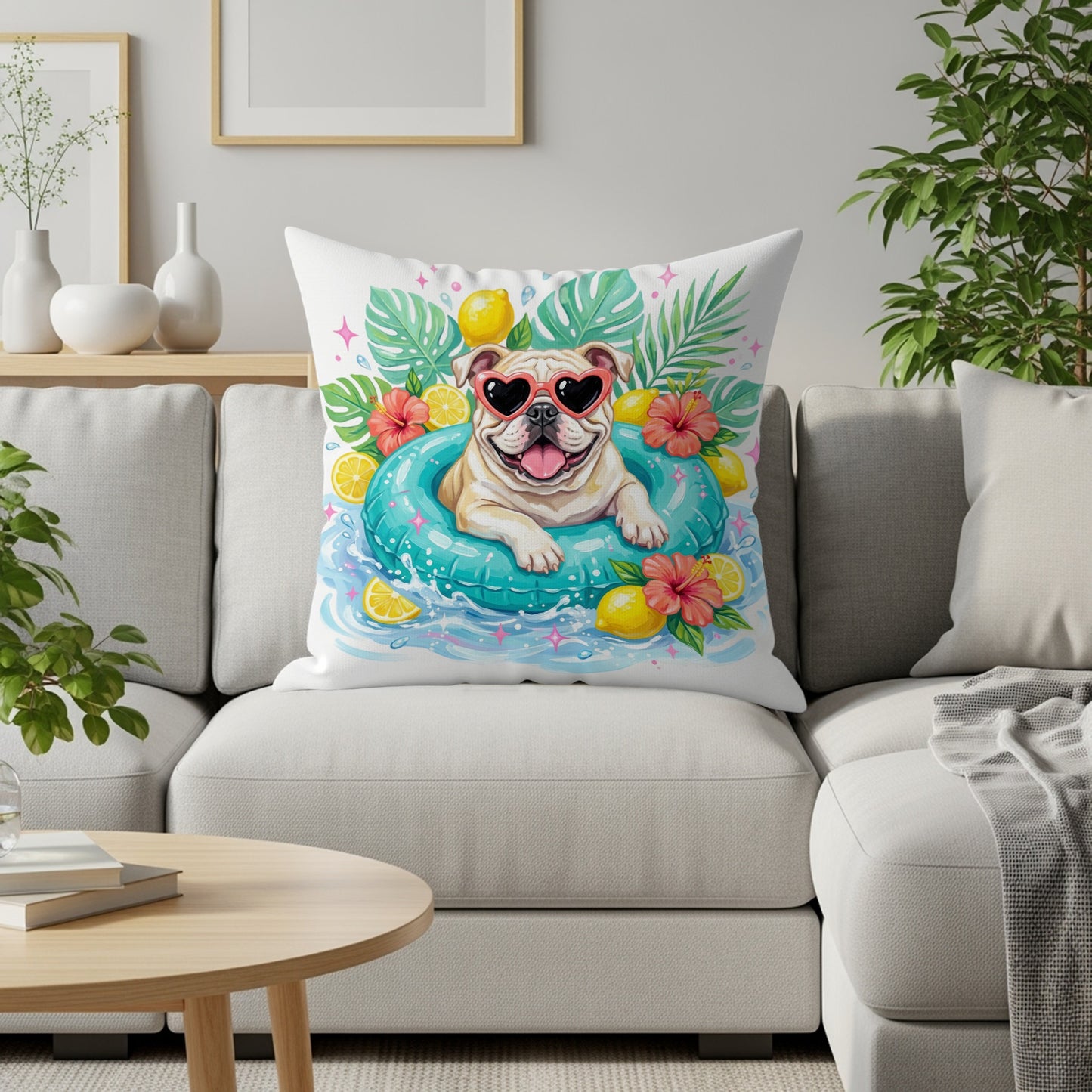 Bulldog wearing heart sunglasses floats in inner tube with lemons and hibiscus.