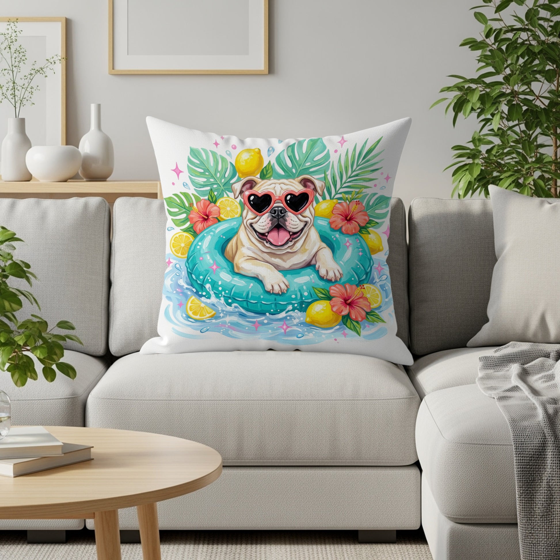Bulldog wearing heart sunglasses floats in inner tube with lemons and hibiscus.