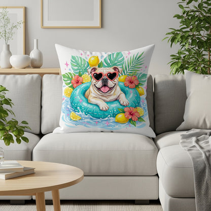 Bulldog wearing heart sunglasses floats in inner tube with lemons and hibiscus.