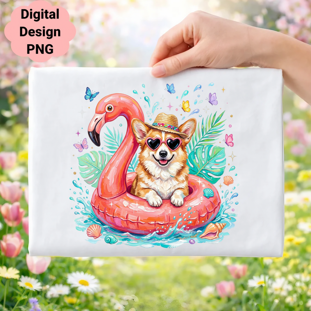 Corgi wearing sunglasses in a flamingo float, surrounded by shells and butterflies.