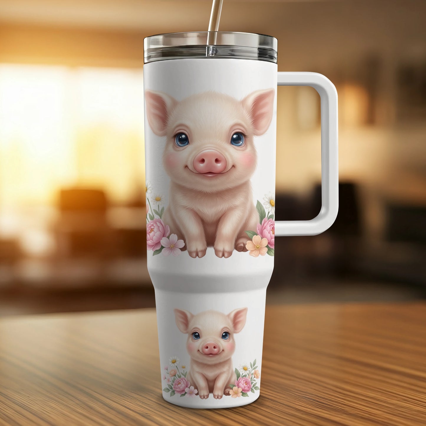 White tumbler featuring two illustrations of a cute piglet with flowers.